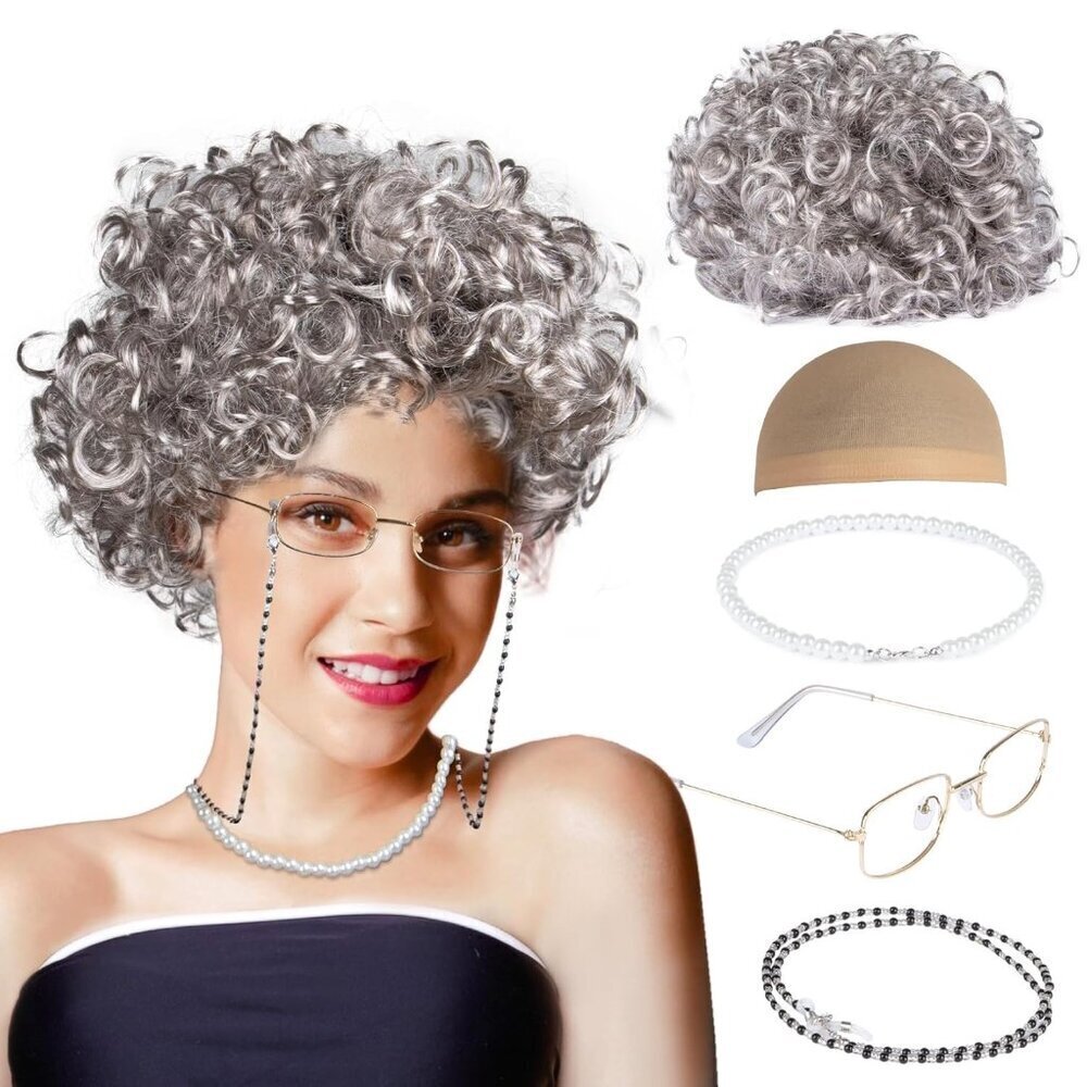 Old Lady Light Gray Glasses Cap Faux Pearl Bead Necklace Chain Halloween Costume